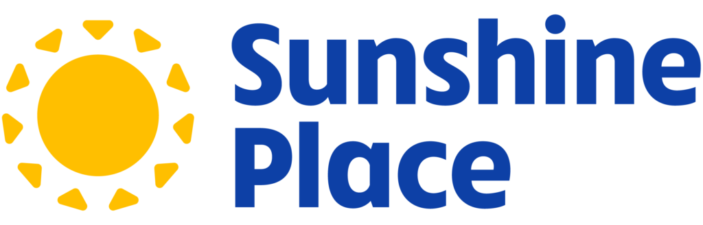 A bright yellow sun on the left with the words Sunshine Place on the right in dark blue