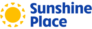 A bright yellow sun on the left with the words Sunshine Place on the right in dark blue