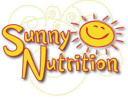 Sunny Nutrition Logo: Smiling yellow sun with business name and decorative swirls in the background.