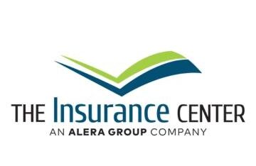 Two blue and green lines bent in the center like birds from a distance atop "The Insurance Center an Alera Group Company"