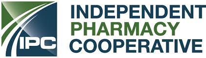 There is a blue and green square with three white swishes curving through the center, and white letters on the blue that read "IPC". To the right it reads Independent Pharmacy Cooperative in green and blue.