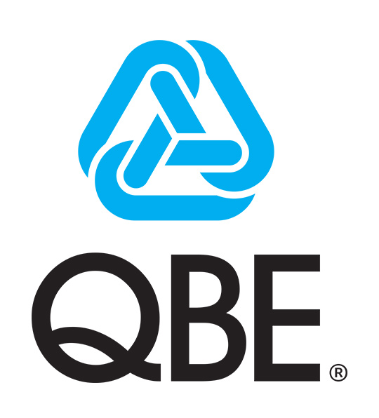A simple blue and white logo that looks similar to a celtic knot, above the letters QBE.
