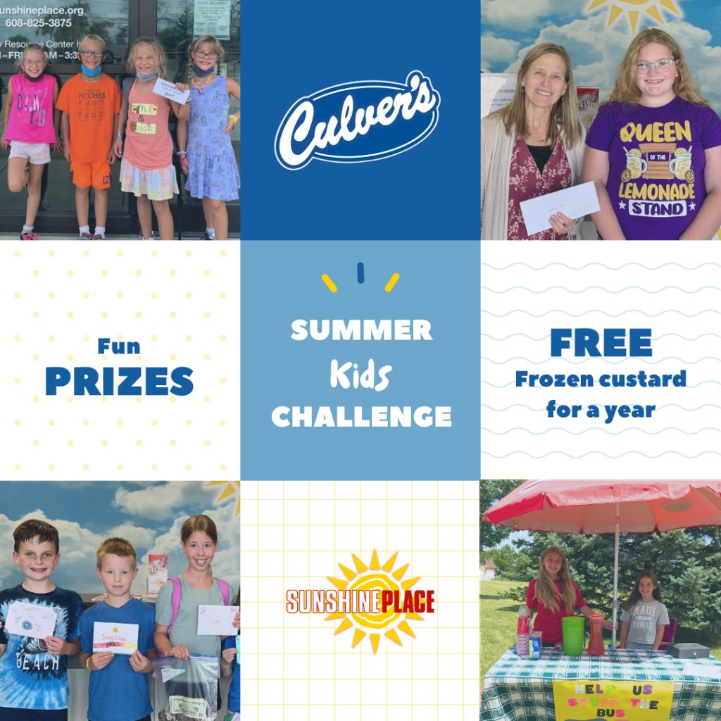 A grid of nine boxes shows alternating text and photos of children to promote the Summer Kids Challenge.