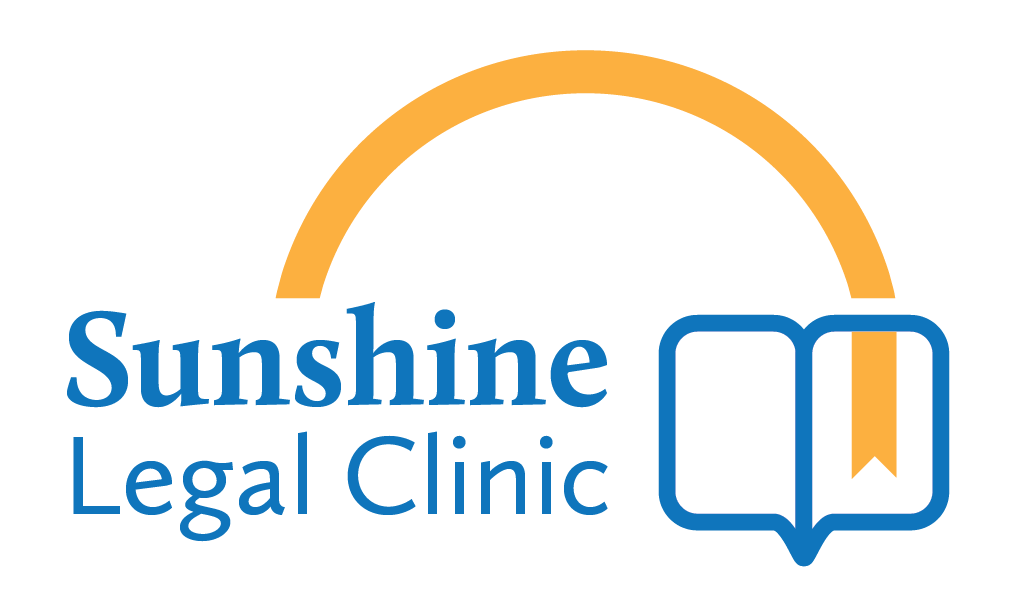 Sunshine Legal Clinic logo: Blue lettering with a yellow swoop like a rainbow leading into the blue outline of a chat bubble.
