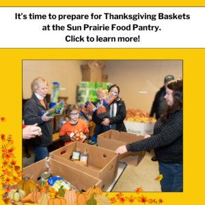 A photo of adults and 2 children sorting produce with text above asking for people to click for more information about food pantry Thanksgiving Baskets.